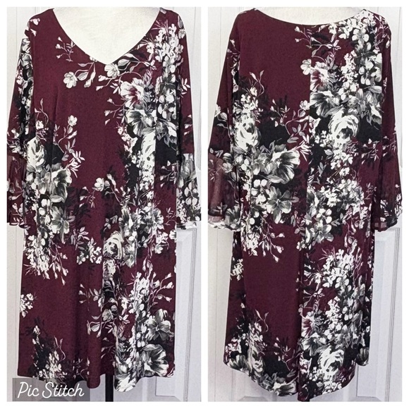 connected apparel Dresses & Skirts - NWT Connected Apparel Bordeaux Wine Floral Bell Sleeve Dress 20W